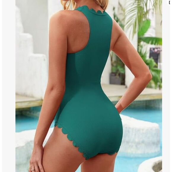 NEW Charmo Swimsuit 1 Piece Zipper Front Scalloped Edges Green Size Large - Picture 2 of 8